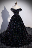 Black Sequin Off the Shoulder Long Formal HZ0307