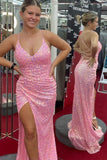 Pink Glitters V Neck Mermaid Long Formal Dress with HZ0307