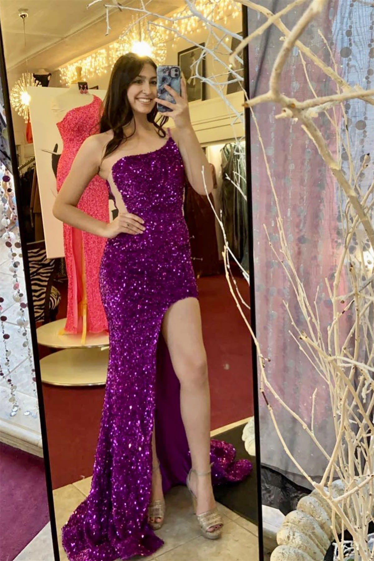 One Shoulder Purple Sequin Mermaid Long Prom HZ0307