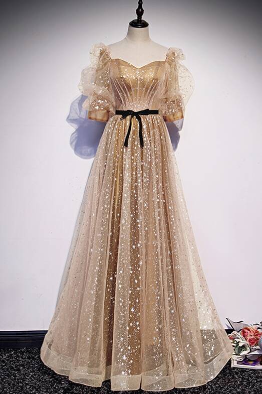 Short Sleeves Champagne A-line Long Prom HZ0307