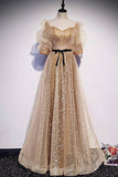 Short Sleeves Champagne A-line Long Prom HZ0307