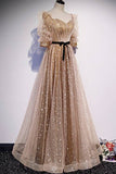 Short Sleeves Champagne A-line Long Prom HZ0307