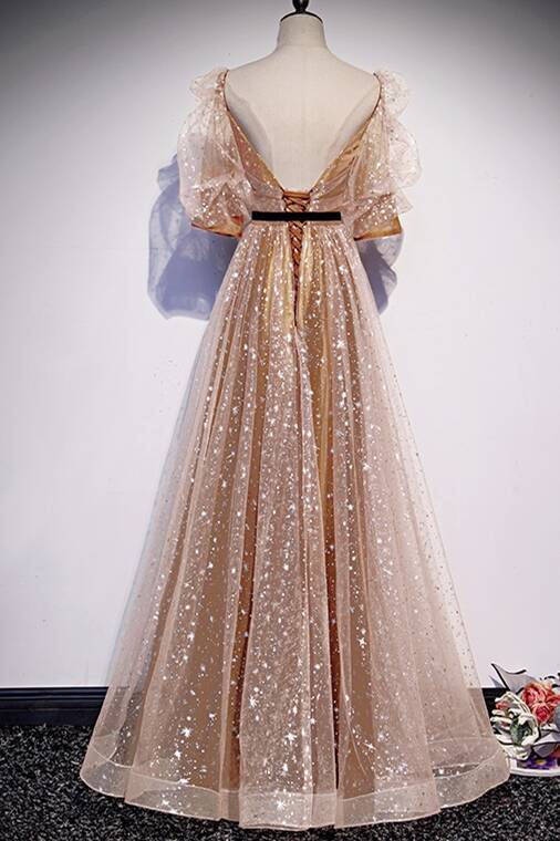 Short Sleeves Champagne A-line Long Prom HZ0307