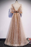 Short Sleeves Champagne A-line Long Prom HZ0307