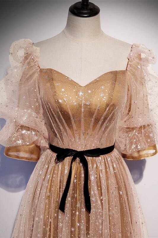 Short Sleeves Champagne A-line Long Prom HZ0307
