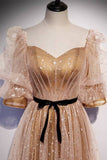 Short Sleeves Champagne A-line Long Prom HZ0307