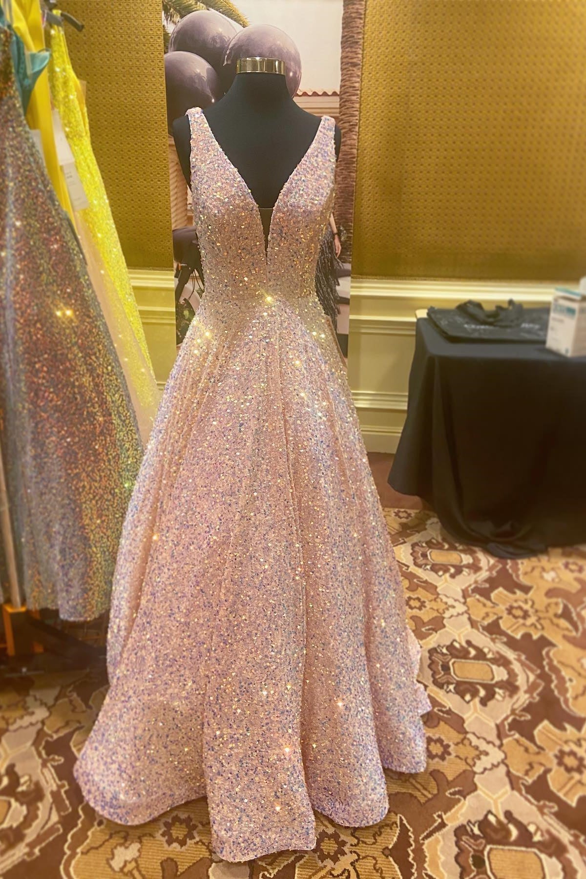 V Neck Pink Sequin A-line Long Prom HZ0307