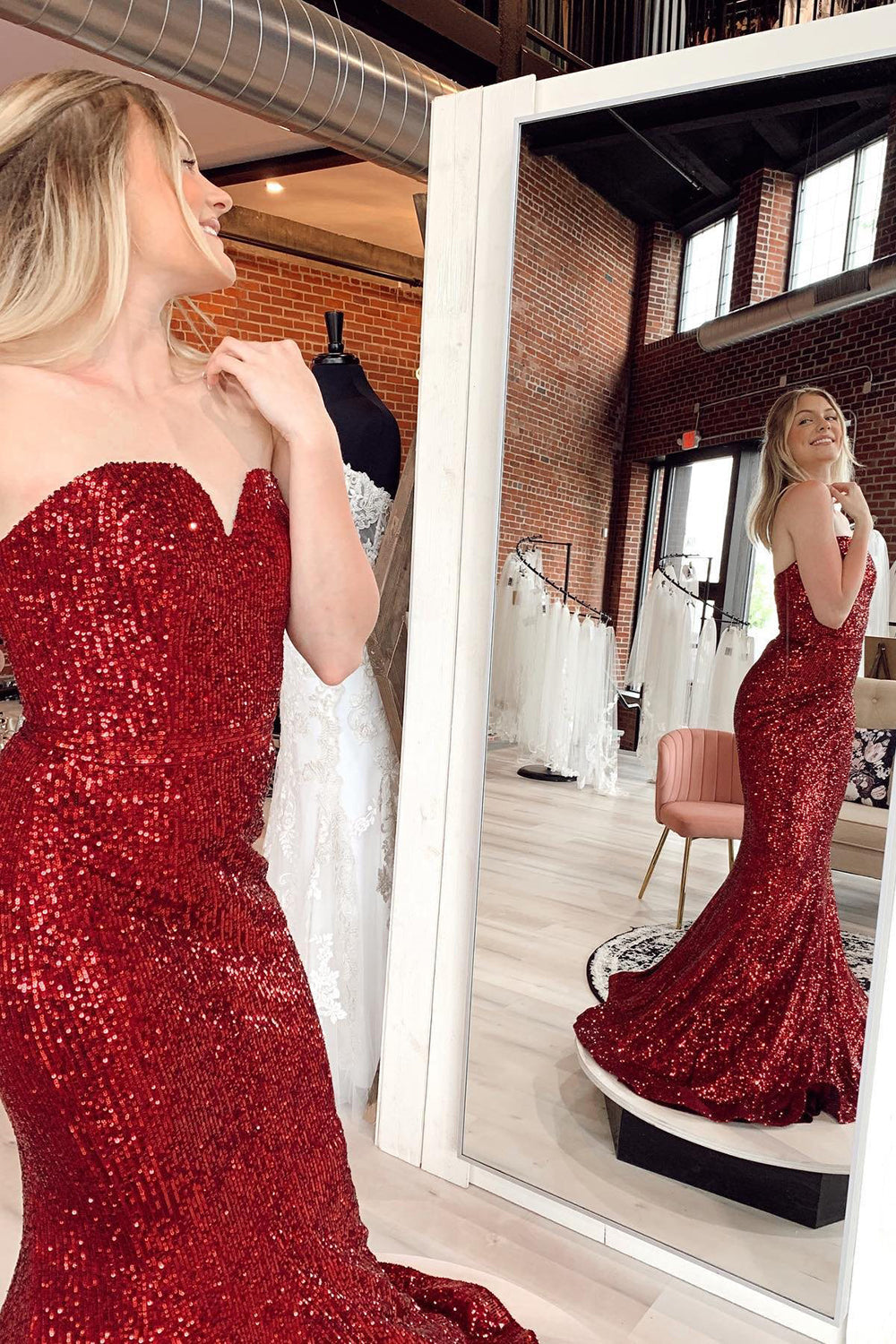 Red Sequin Strapless Mermaid Long Prom HZ0307