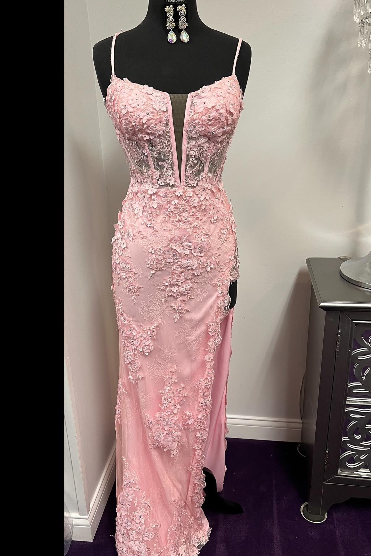 Elegant Pink Lace Mermaid Slit Long Prom HZ0307