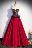 Floral Embroidered A-line Black and Red Sweetheart Formal HZ0307