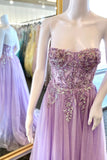 Lilac Strapless Appliques A-line Tulle Long Prom HZ0307