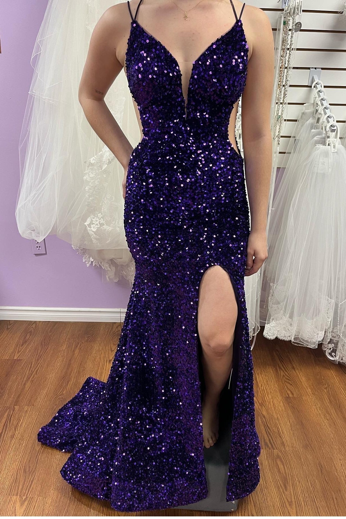 Purple Sequin Straps Mermaid Long Formal HZ0307