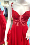 Red A-line Lace Appliques Chiffon Long Prom HZ0307