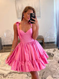 Cute Barbie Pink A-Line Satin Homecoming Dresses Mini Birthday Dresses, HZ0307