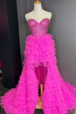 LTP1614,Princess Hot Pink Beaded Sweetheart Tulle Prom Dresses With Ruffles HZ0307