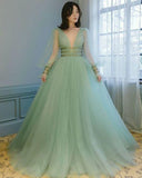 LTP1518,Mint Green Long Prom Dresses,V-Neck Tulle Evening Formal HZ0307