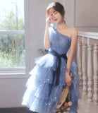 LTP1766,Dream Blue One Shoulder Homecoming Dress, Sparkle Starry Tulle Prom Hoco HZ0307