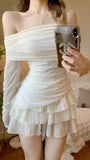 Off The Shoulder Chiffon Long Sleeves Homecoming Dresses Ivory Short Prom HZ0307