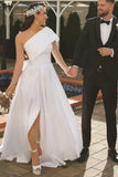 LTP1895,Glamorous One Shoulder White Satin A-Line Wedding Dresses, Side Slit Bridal Gown On HZ0307
