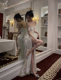 LTP1252,Glitter Off The Shoulder Sequined Pleated High Split Long Prom Evening HZ0307