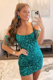 Emerald Green Sequin Cold-Shoulder Fringe Short Homecoming Dress Cocktail HZ0307