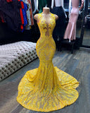 LTP1593,Luxury Yellow Prom Dresses,See Through Evening Dresses,Applique Lace Prom HZ0307
