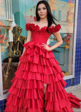 Red Prom Dresses, A-Line Evening Dress, Ruffle Skirt Prom Dress With Side HZ0307