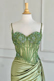 Spaghetti Straps Sage Beaded Satin Long Formal HZ0307