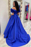 Flower Sleeves A-Line Hot Pink Evening Party Dress, Blue Long Satin Prom Dress HZ0307