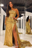 One Shoulder Gold Slit Evening Prom HZ0307