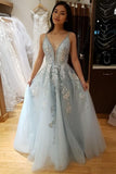 LTP0930,A-Line V-Neck Spaghetti Straps Light Blue Prom Dresses,Long Formal Dresses With HZ0307