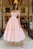LTP1864,Light Pink Off The Shoulder A-Line Tulle Ankle Length Prom Homecoming HZ0307