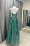 Straps Teal Green Lace Appliques Long Prom HZ0307