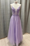 Straps Lavender Lace Appliques A-line Long Prom HZ0307