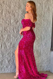 Off The Shoulder Fuchsia Sequins Long Prom HZ0307