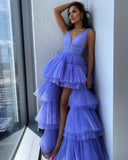 Purple V-Neck Prom Dress - A-Line Tulle Evening HZ0307