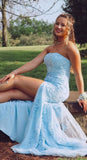 LTP0843,Princess Light Sky blue Formal Dress Lace Appliques Prom Dresses Mermaid Lace Split Evening HZ0307