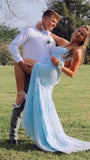 LTP0843,Princess Light Sky blue Formal Dress Lace Appliques Prom Dresses Mermaid Lace Split Evening HZ0307