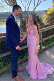 Spaghetti Straps Pink Sequined Mermaid Prom HZ0307