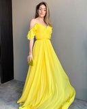 LTP1189,Charming A Line V Neck Daffodil Chiffon Long Prom Dresses,Wedding Party Dresses,Yellow Chiffon Evening HZ0307