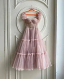LTP1866,A-Line Pink Off The Shoulder Tulle Prom Homecoming HZ0307