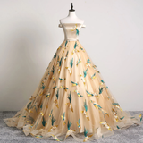 LTP1015,Elegant off the shoulder gold tulle prom dresses embroidery classic evening formal HZ0307
