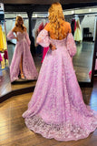 LTP1576,Sparkle Princess Lavender Bustier Puffy Sleeves Lace Long Prom HZ0307