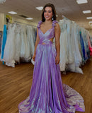 Metallic Hollowed-out Pleated A-line Prom HZ0307