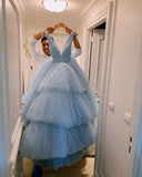 Elegant V-Neck Baby Blue Tulle Ball Gown Long Prom HZ0307