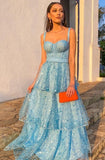 LTP1194,Vestido Blue A-Line Prom Dresses,Lace Layers Ruffles Evening Party HZ0307