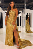 One Shoulder Gold Slit Evening Prom HZ0307