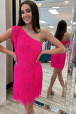 LTP1185,Hot Pink One-Shoulder Beading Tassel Short Homecoming HZ0307