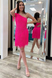 LTP1185,Hot Pink One-Shoulder Beading Tassel Short Homecoming HZ0307