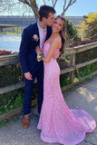 Spaghetti Straps Pink Sequined Mermaid Prom HZ0307